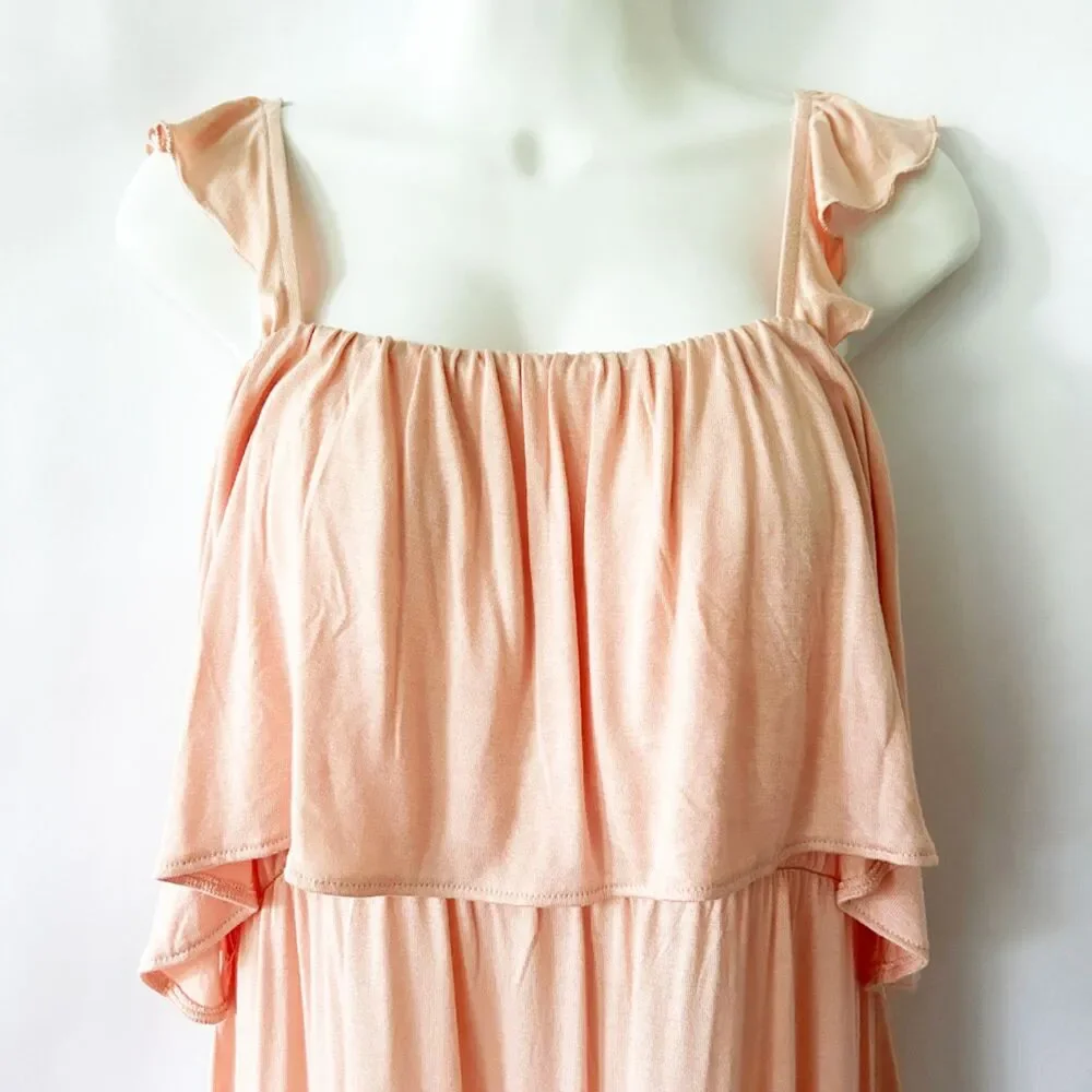 H&M MAMA Long Jersey Maternity Dress (L) in Apricot Ruffle Shoulder Flounce Maxi - Picture 3 of 14